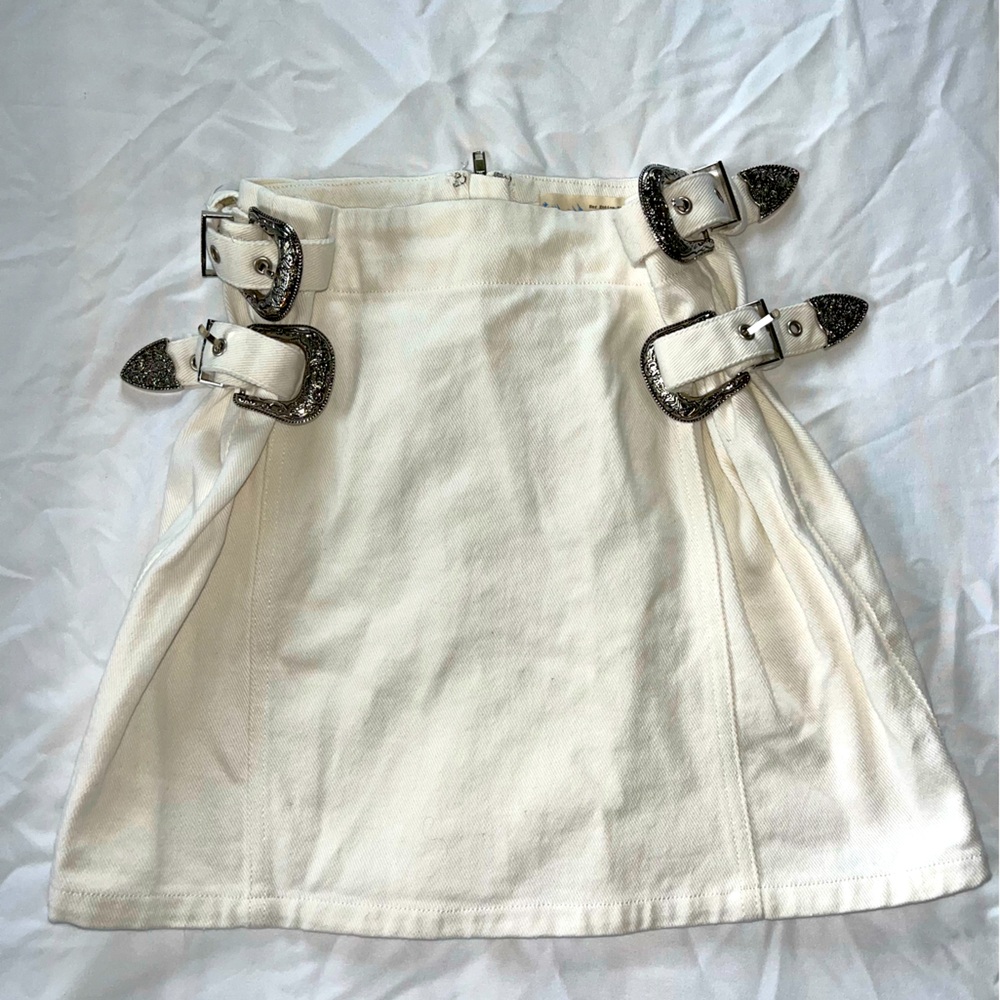White Denim Skirt with Buckles